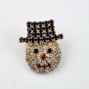 Snowman Rhinestone Brooch Pin With‎ Black Hat & Red Nose